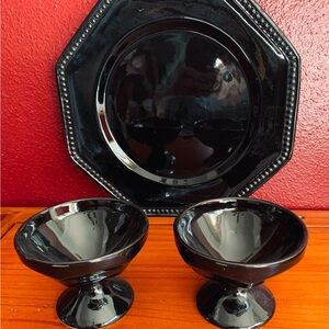 Handmade Signed Black Octagon Plate and 2 Black Pedestal Bowl Set, Excellent